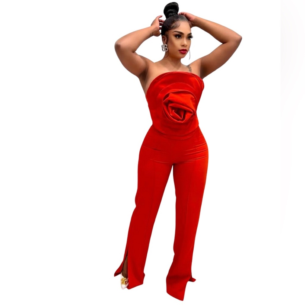 All Things Cherish Red Rosebud Embellished Bandeau Top and Pants Set - Size US L